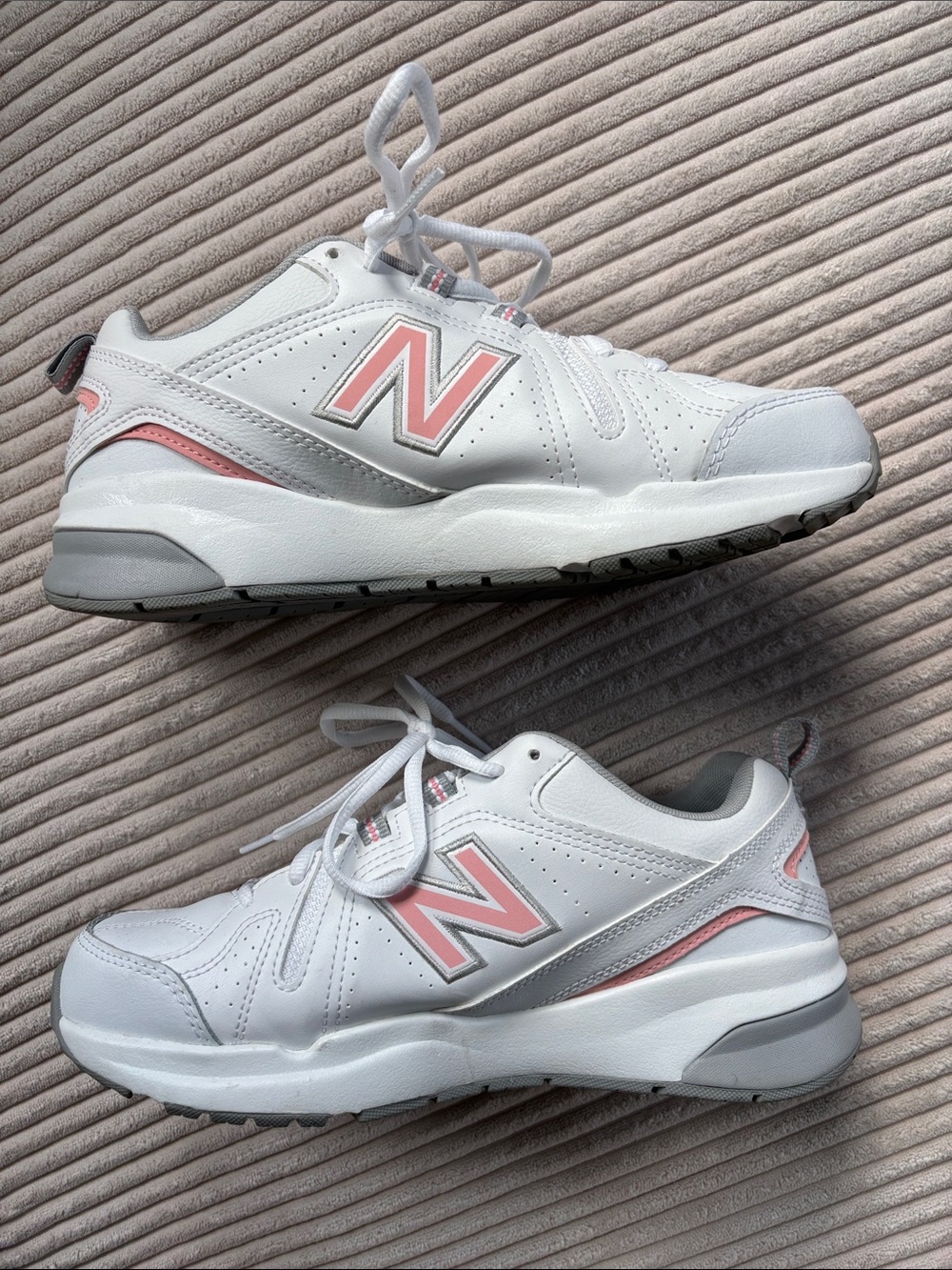 New Balance 608 White Sneakers with Pink Logo Trim